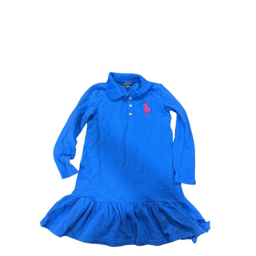 Polo Ralph Lauren Girls Blue Long Sleeve Ruffle Polo Dress Size 6 Pink Pony